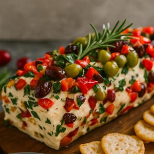 Puede incluir: Un tronco de queso rectangular cubierto con aceitunas verdes y negras, pimientos rojos y hierbas frescas. El tronco se presenta en una tabla de madera con galletas saladas, ideal como aperitivo.