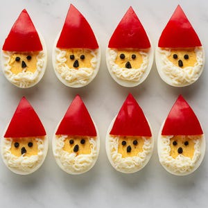 Peut inclure: Huit œufs farcis décorés en visages de Père Noël. Chaque œuf est orné d'un chapeau en poivron rouge, d'un visage en jaune d'œuf, d'yeux et d'un nez en grains de poivre noir, et d'une barbe en mayonnaise blanche. Présentation culinaire créative et festive.
