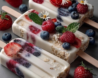 Receta de paletas heladas de yogur cremoso con frutos rojos (descarga instantánea en PDF)