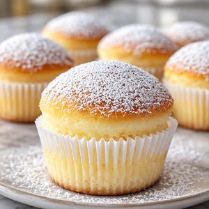 以下が含まれることがあります： 白い紙のカップに入った、粉砂糖をまぶした、金色のカップケーキのクローズアップ。明るい色の皿の上にカップケーキが並べられ、周りには砂糖が散らばっています。画像は焼き菓子の食感とプレゼンテーションを強調しています。