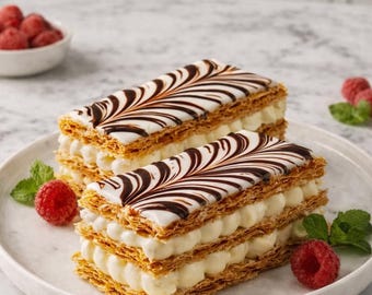 Descarga instantánea en PDF del clásico milhojas de vainilla (pastel Napoleón francés).