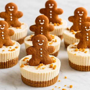 Könnte beinhalten: Lebkuchen-Käsekuchen-Cupcakes mit einem Keksboden und einer cremigen weißen Füllung. Jeder Cupcake ist mit einem Lebkuchenmann-Keks belegt und mit orangenen Krümeln bestreut. Ein festlicher Leckerbissen für die Feiertage.
