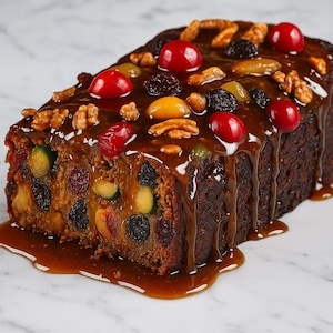 May include: A rectangular fruitcake with a glossy caramel glaze, topped with red cherries, walnuts, and various dried fruits. The cake is dark brown with visible pieces of fruit and nuts, and the glaze is dripping down the sides.