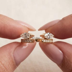 Anillo abierto con diamante cultivado en laboratorio talla marquesa, anillo envolvente de oro de 14 quilates, banda minimalista con abertura, joyería nupcial apilable, regalo de compromiso moderno