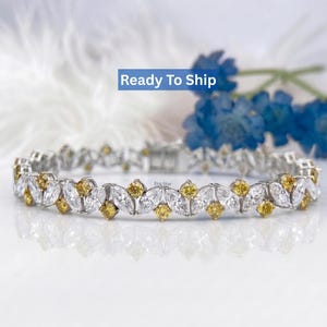Tennisarmband met marquise geslepen laboratoriumdiamant, gele ronde zijdiamant, 14-karaats witgouden armband voor moeder, direct leverbaar.