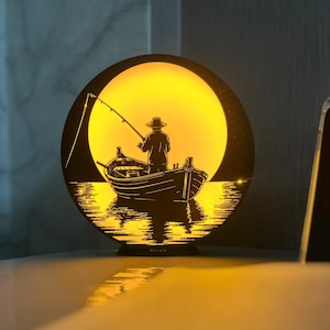 Rustic Fisherman Lamp: Lake Cabin Decor Silhouette Night Light