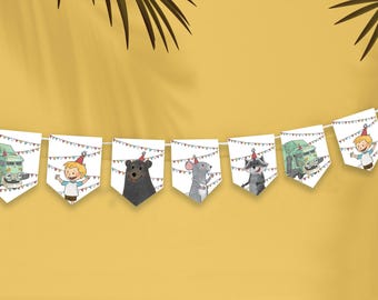 Druckbare Geburtstagsbanner mit großen Lastwagen/Müllwagen für Kinder. Herunterladen und ausdrucken. DIY-Dekorationen.