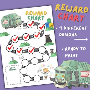 May include: A colorful reward chart with a road design, featuring a cartoon garbage truck, bear, and raccoon. The chart includes checkmarks, the text "Reward Chart", and the phrases "Start Here", "Almost There", and "You Did It!!!".