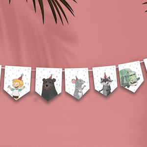 May include: A festive banner featuring illustrated characters, including a bear, a mouse, a raccoon, a truck, and a boy, all wearing party hats. The white pennants are decorated with colorful confetti and strung on a white string against a pink background.