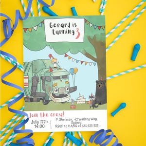 May include: A colourful birthday invitation featuring a cartoon garbage truck, a bear, and a raccoon. The text reads "Gerard is turning 3" and includes party details. The background is yellow with blue streamers and straws.