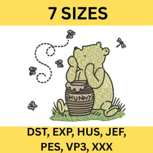 May include: An embroidered design featuring a yellow bear with a honey pot labeled "HUNNY". The bear is surrounded by butterflies and a dragonfly. The text "7 SIZES" is at the top, and embroidery file formats are listed below.