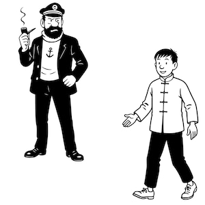 May include: Black and white illustration of two cartoon characters. One is a man in a captain's hat, holding a pipe, and wearing a blazer. The other is a young man in a white shirt and black pants, with his hand outstretched.