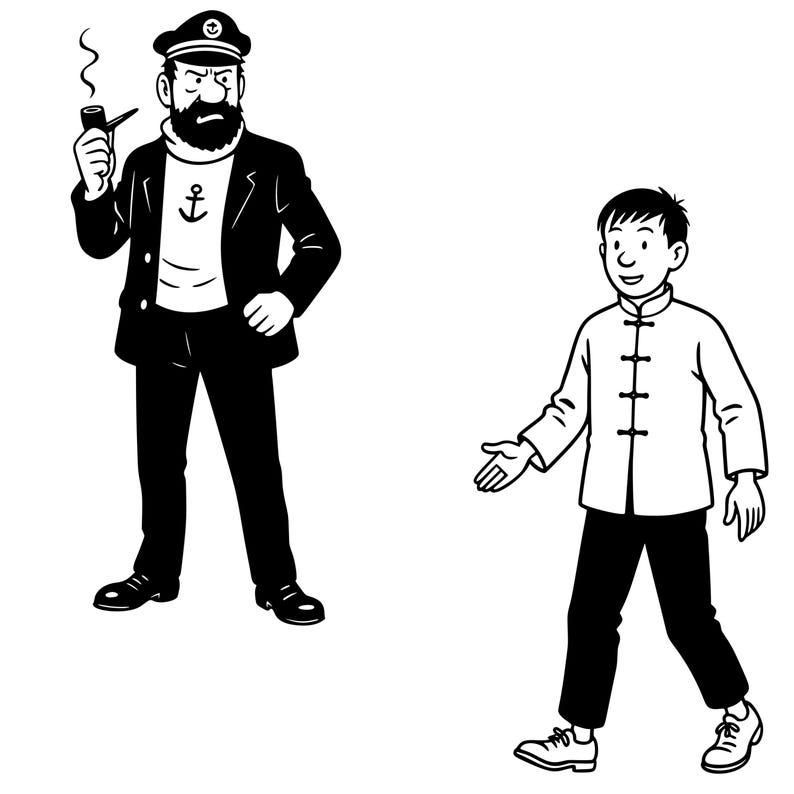 May include: Black and white illustration of two cartoon characters. One is a man in a captain's hat, holding a pipe, and wearing a blazer. The other is a young man in a white shirt and black pants, with his hand outstretched.