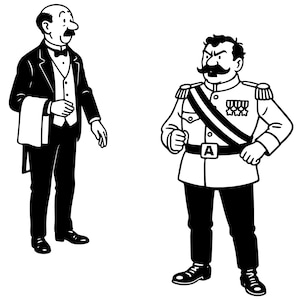 May include: Black and white cartoon illustration featuring two men. One is a butler in a tuxedo holding a towel. The other is a military officer in a uniform with a sash and medals. The officer has a large mustache.