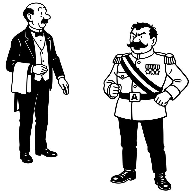 May include: Black and white cartoon illustration featuring two men. One is a butler in a tuxedo holding a towel. The other is a military officer in a uniform with a sash and medals. The officer has a large mustache.