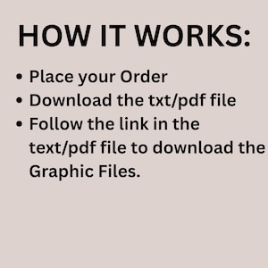 May include: Image with the text "HOW IT WORKS:" followed by a bulleted list. The steps are: Place your Order, Download the txt/pdf file, and Follow the link in the text/pdf file to download the Graphic Files.