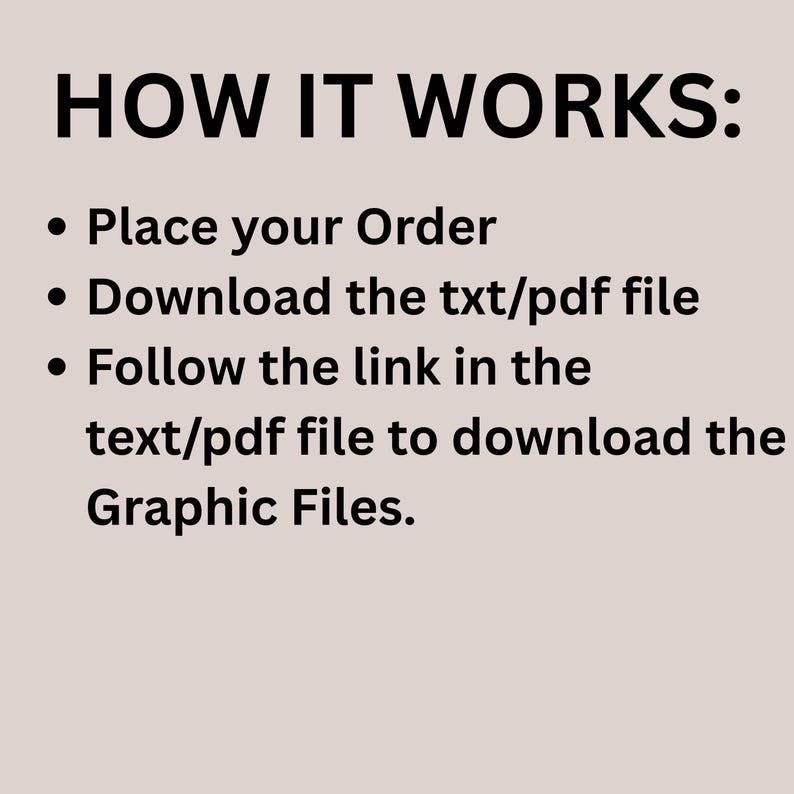 May include: Image with the text "HOW IT WORKS:" followed by a bulleted list. The steps are: Place your Order, Download the txt/pdf file, and Follow the link in the text/pdf file to download the Graphic Files.