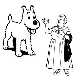 May include: Black and white cartoon illustration of a dog and a woman. The dog is a shaggy terrier with its tongue out. The woman is singing, wearing a dress, jewelry, and a shawl.