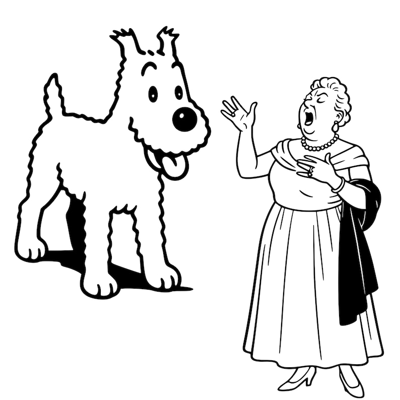 May include: Black and white cartoon illustration of a dog and a woman. The dog is a shaggy terrier with its tongue out. The woman is singing, wearing a dress, jewelry, and a shawl.