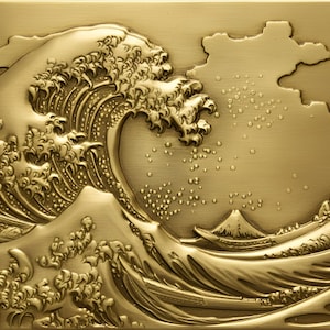 May include: A gold relief sculpture of a large ocean wave, with Mount Fuji in the background. The artwork is inspired by Japanese art, with intricate details and a textured surface. Includes Japanese text.