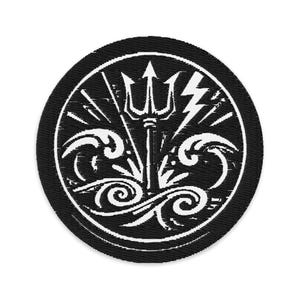 May include: Round black patch with a white embroidered design. The design features a trident, lightning bolt, and stylized waves. The patch has a stitched border.