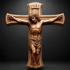 Può includere: Un crocifisso in legno con una figura scolpita di Gesù Cristo. La figura indossa una corona di spine e un perizoma drappeggiato. La croce porta l'iscrizione "INRI" in alto. Il legno ha un tono caldo e naturale, con intagli dettagliati.
