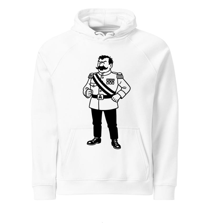 May include: White hoodie featuring a black and white illustration of a cartoon character in a military uniform. The character has a large mustache and is wearing a sash and medals. The hoodie has a kangaroo pocket and a drawstring hood.
