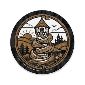 May include: Round patch with a brown and white illustration of a tower with long hair wrapped around it. The tower is in a landscape with a rising sun, hills, trees, and birds. The patch has a black and brown border.