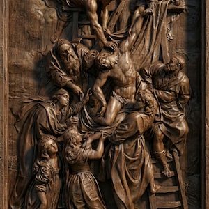 Puede incluir: Escultura en relieve de madera marrón detallada que representa una escena bíblica. Las figuras están dispuestas alrededor de una figura central que es bajada de una cruz. El relieve está enmarcado y presenta múltiples figuras con ropa drapeada.