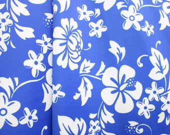 4-Way Stretch Printed Spandex Fabric - Tropical Blue Hibiscus Floral