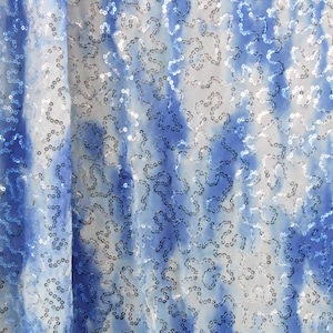 4-Way Stretch Sequin Mesh Printed Fabric - Blue Sky - Clouds