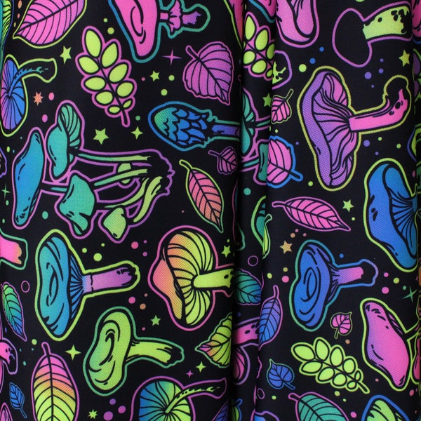 4-Way Stretch Printed Spandex Fabric - Psychedelic Mushrooms - BlackLight Reactive