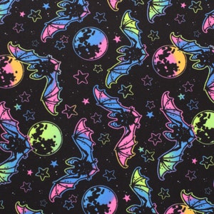 4-Way Stretch Printed Spandex Fabric - Halloween Sky - Rainbow Bats