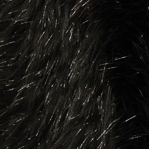 May include: Black faux fur fabric with a subtle shimmer. The fur is soft and plush, with a slightly textured feel.