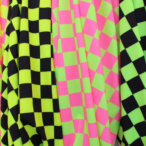 4-Way Stretch Printed Spandex Fabric - Neon Checkers