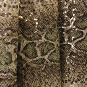4-Way Stretch Sequin Mesh Printed Fabric - Olive Snake