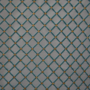 4-Way Stretch Mesh - Light Blue Mesh with Lattice Velvet Flocking and Gold Glitter