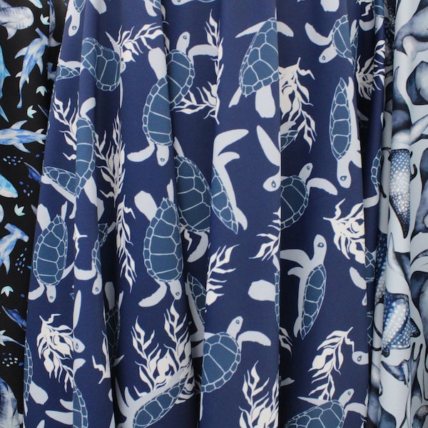 4-Way Stretch Printed Spandex Fabric - Marine Animals Sharks Turtles Stingrays