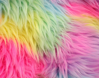 Patchwork - 60" Wide Faux Fur Fabric - Unicorn Rainbow Puff