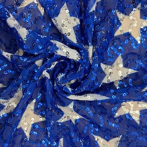 4-Way Stretch Sequin Mesh Printed Fabric - Blue & White Stars