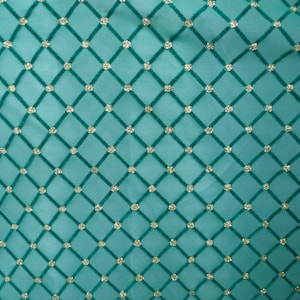 4-Way Stretch Mesh - Aqua Mesh with Lattice Velvet Flocking and Gold Glitter
