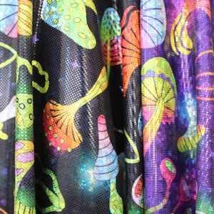 Trippy Mushroom Party Metallic Shattered Glass  4-Way Stretch Spandex Fabric - Blue, Pink, Yellow, Green, Purple
