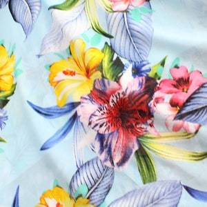 4-Way Stretch Printed Mesh Fabric - Light Blue Tropical Floral