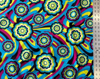4-Way Stretch Printed Spandex Fabric - Flower Power Blue