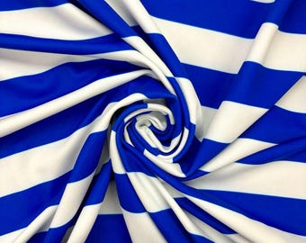 4-Way Stretch Printed Spandex  - Blue and White 1" Stripe, Royal Blue And White Stripes