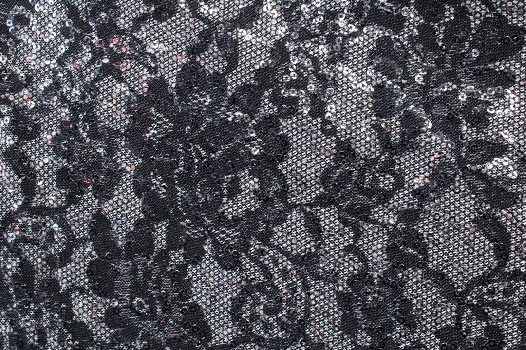 Fringe Sequins Design On A Black 4 Way Stretch Mesh Prom Fabric (1 Yard, Purple)