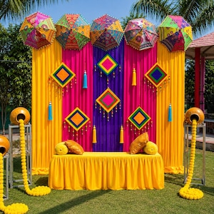 Haldi/Mehndi Function Backdrop Decor kit ( Stitched Curtains +Props Set) | Indian Wedding Decor