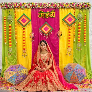 Mehndi Function Decoration Kit (Multicolor Backdrop Curtains + Hanging Props) | Indian Wedding Stage Decoration