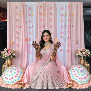 Conjunto de decoração de fundo rosa pastel | Decoração de casamento indiano | Evento tradicional | Chá de bebê | Festival