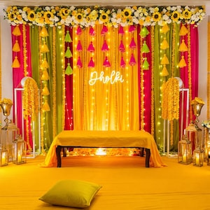 Haldi/Mehndi function Backdrop set ( Curtains + props) | Multicolor Tassels | Indian wedding Stage Decoration